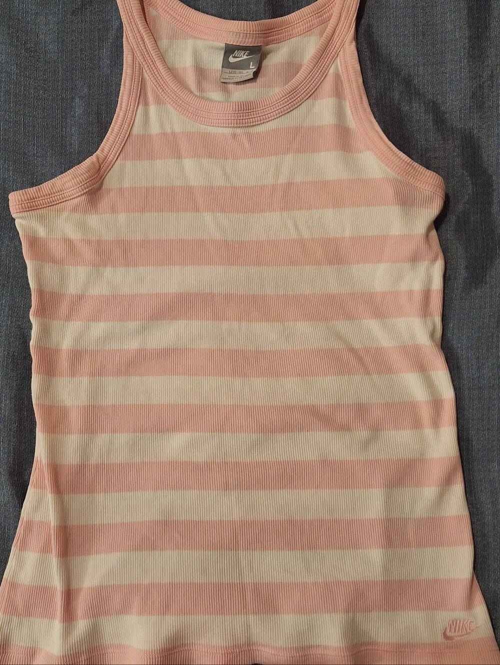 Nike Pink & White Striped Ribbed Tank Top Large - Picture 1 of 4